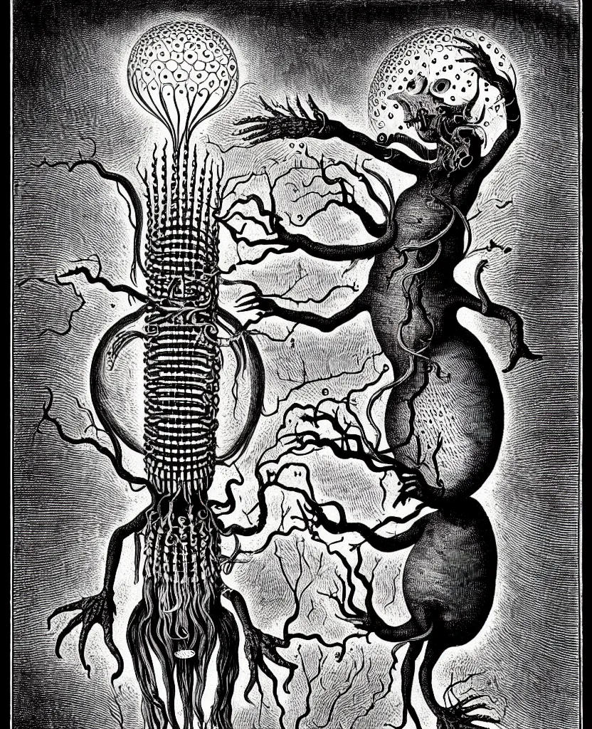 Image similar to whimsical freaky creature sings a unique canto about'as above so below'being ignited by the spirit of haeckel and robert fludd, breakthrough is iminent, glory be to the magic within