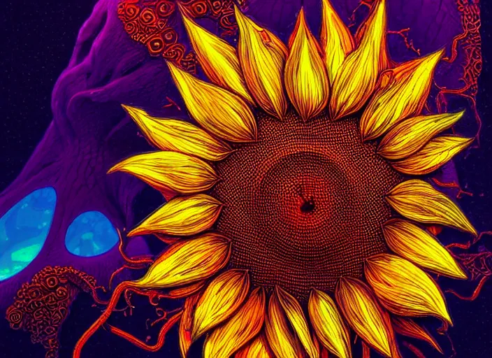 Prompt: A psychedelic portrait of neuron sunflower, vibrant color scheme, highly detailed, in the style of romanticism, cinematic, artstation, Moebius, Greg rutkowski