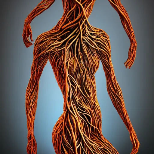 Prompt: digital art, Abstract art, humain female body made of roots, intricate roots, trending on artstation, -640