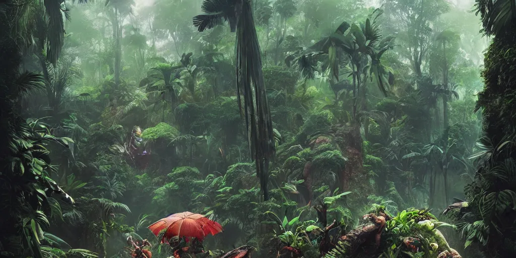 Prompt: Beautiful tropical forest, raining, Monster Hunter Illustrations art book, Moebius, Greg Rutkowski, Zabrocki, Karlkka, Jayison Devadas, Phuoc Quan, trending on Artstation, 8K, ultra wide angle, zenith view, pincushion lens effect.