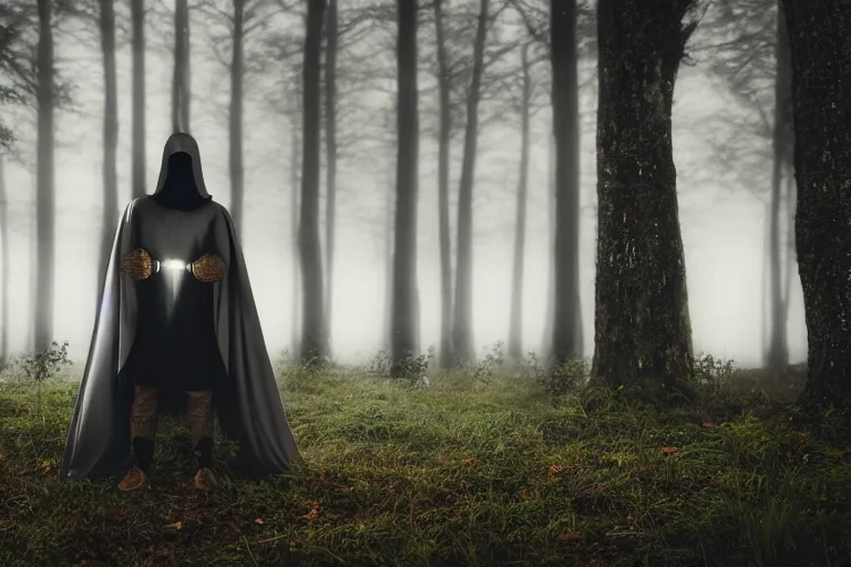 hooded knight in a cape and shiny armour meditating in | Stable ...