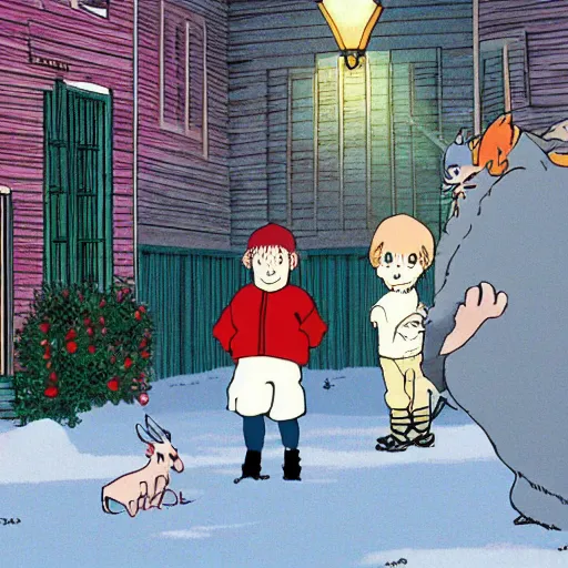 Image similar to still from home alone (1990) in studio ghibli style