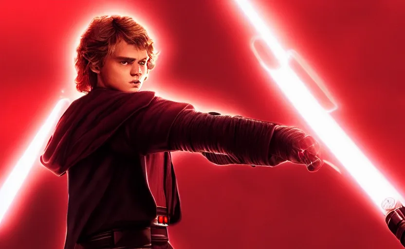 Image similar to anakin skywalker wielding a red lightsaber looking angrily into the camera, detailed, cinematic, raytracing, realistic