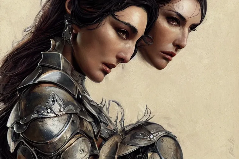 Image similar to a finely detailed portrait of Monica Bellucci, clothed in battle armor, olive skin, long dark hair, beautiful bone structure, symmetrical facial features, intricate, elegant, digital painting, trending on Artstation, concept art, smooth, sharp focus, illustration, from Metal Gear by Ruan Jia and Mandy Jurgens and Artgerm and and william-adolphe bouguerea, award winning