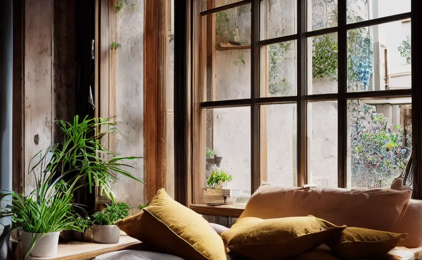 Image similar to interior desing magazine photo of a big window with a wooden frame to sit on, some sandy yellow pillows, there are just a few books and plants on a small integrated shelf, great architecture, ambient light, 8k