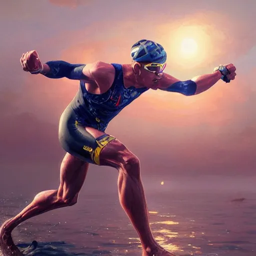 Prompt: a triathlete finishing ironman race, tired!!, dynamic action pose, intricate, highly detailed, digital painting, artstation, concept art, smooth, sharp focus, illustration, unreal engine 5, 8 k, art by artgerm and greg rutkowski and alphonse mucha