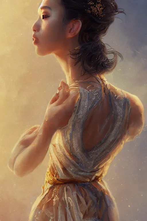 Prompt: stunningly beautiful, filipina prima ballerina in ruins, symmetrical face, golden hour, smooth, focus, highly detailed, hyper realistic, dramatic lighting, elegant, intricate, concept art, art by wlop, mars ravelo, greg rutowski, artstation