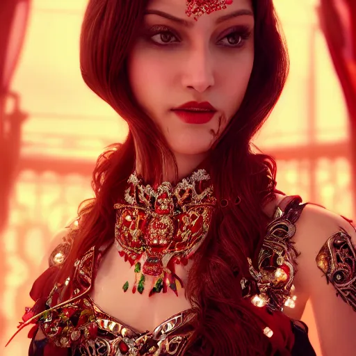 Image similar to photograph of wonderful princess with smooth fair skin, alluring eyes, red jewelry, breathtaking, elegant, ornate, intricate, hyper detailed, accent lighting, dramatic light, 4 k octane render