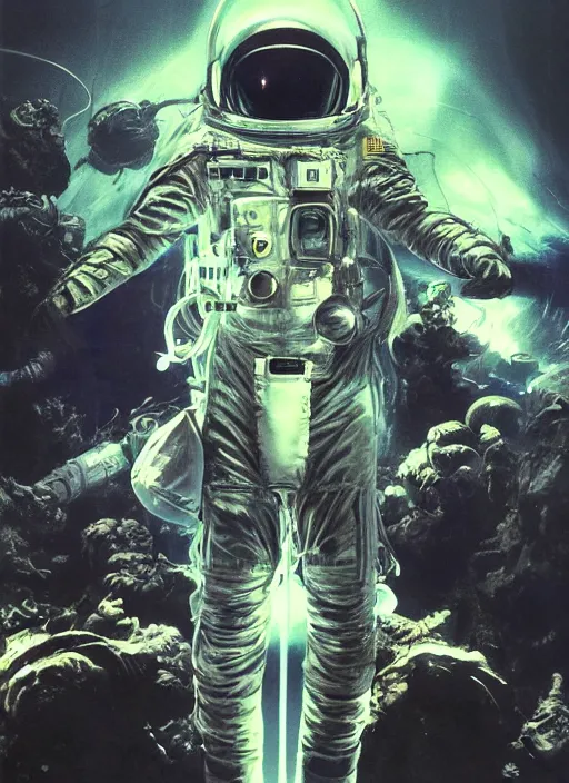 Image similar to astronaut in dark void underwater - complex and hyperdetailed technical suit design. reflection and dispersion materials. rays and dispersion of light. volumetric light. f / 3 2. noise film photo. flash photography. ultra realistic, 5 0 mm. poster by wayne barlowe, hajime sorayama aaron horkey, craig mullins