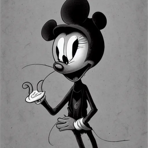 Image similar to michael karcz grunge drawing of mickey mouse. , in the style of corpse bride, loony toons style, horror themed, detailed, elegant, intricate, trending on artstation, 4k