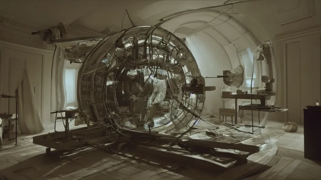 Image similar to an mri section of james cavell in the living room, film still from the movie directed by denis villeneuve with art direction by salvador dali, wide lens