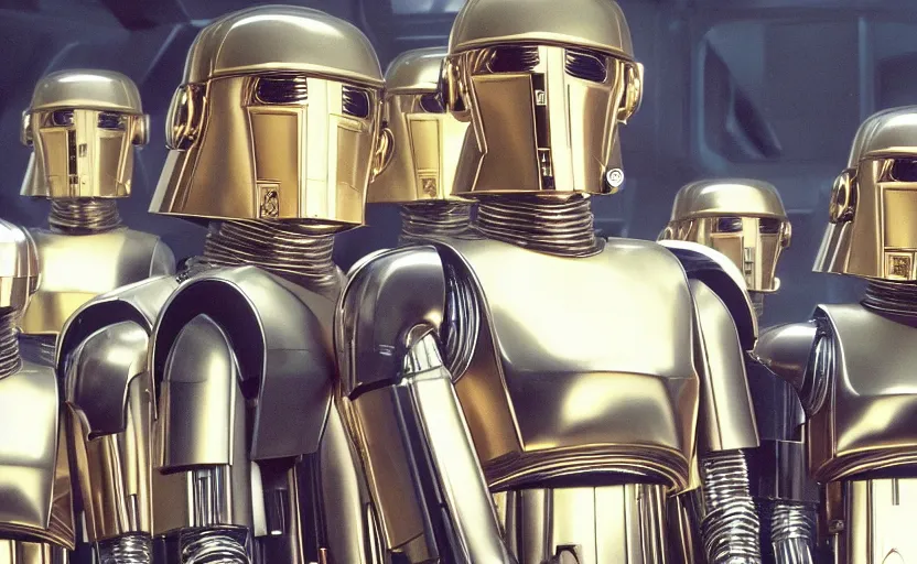 Image similar to screenshot portrait of Luke Skywalker with a fleet of a dozen chrome C-3P0 droids, iconic scene from 1980s film by Stanley Kubrick, 4k, cinematic still frame, surreal sci fi architecture, portrait photoreal, detailed face, moody lighting, stunning cinematography, hyper detailed, sharp, anamorphic lenses, kodak color film stock