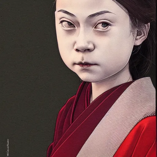 Image similar to detailed portrait of greta thunberg as a geisha, trending on artstation elite, elegant, luxury, by krenz cushart, junji ito, takato yamamoto, perfect face, fine details, realistic shaded, fine - face, pretty face