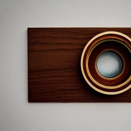 Image similar to lens aperture blades made of walnut wood. minimal. dramatic lighting.