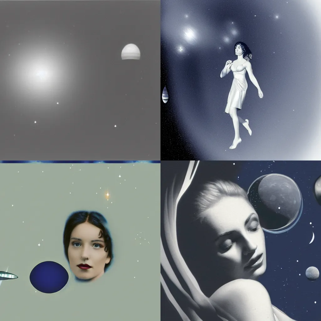 Prompt: woman on the background of mercury in space, gray - blue tones