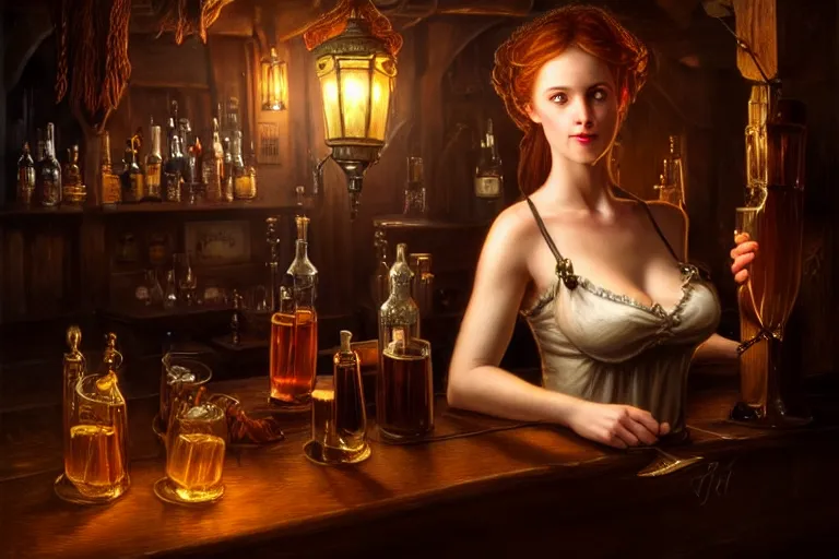 Prompt: a beautiful barmaid, dimly lit cozy tavern, relaxed pose, fantasy, intricate, elegant, dramatic lighting, emotionally evoking symbolic metaphor, highly detailed, lifelike, photorealistic, digital painting, artstation, concept art, smooth, sharp focus, illustration, art by John Collier and Albert Aublet and Krenz Cushart and Artem Demura and Alphonse Mucha