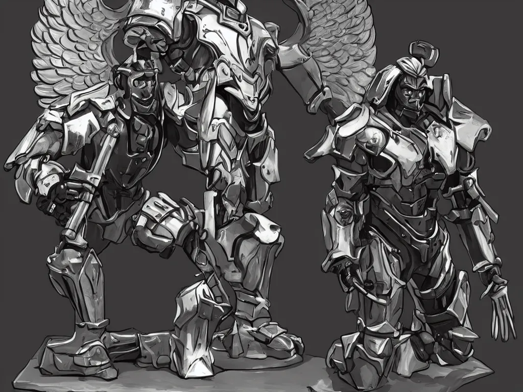 Image similar to futuristic paladin in power armor, holding a sword, kneeling before a statue of an angel