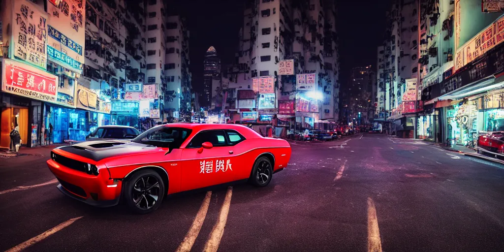 Prompt: dodge challenger with blood vinyil in the middle of a road on the night Hong Kong china town, blue color grading, cinematic color grading , unreal 5, hyperrealistic, realistic, photorealistic, dynamic lighting, highly detailed, cinematic landscape, studio landscape, studio lighting