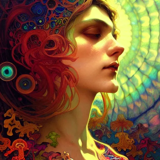 Image similar to An extremely colorful psychedelic experience, reality bending, magic mushrooms, psilocybin, LSD, face, detailed, intricate, elegant, highly detailed, digital painting, artstation, concept art, smooth, sharp focus, illustration, art by Krenz Cushart and Artem Demura and alphonse mucha