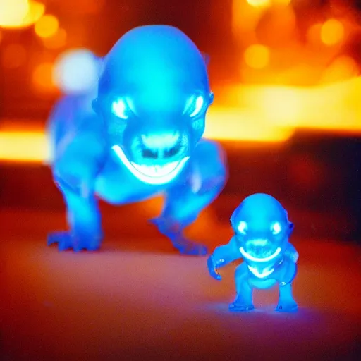 Image similar to chibi style electric blue scaled glowing baby dinosaurs in tron movie, cinestill