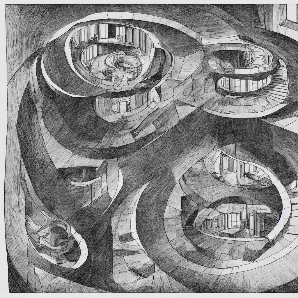 Image similar to detailed torus shaped house, illustrated by m. c. escher