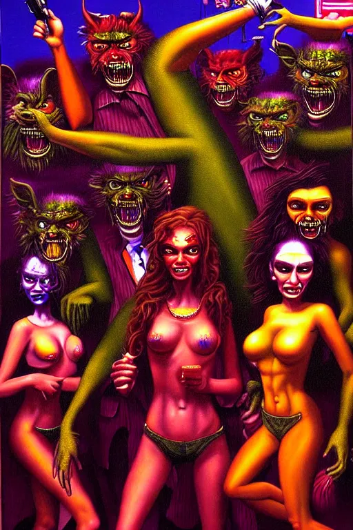 Image similar to a hyperrealistic painting of a chimera riot at the casino, cinematic horror by chris cunningham, lisa frank, richard corben, highly detailed, vivid color,