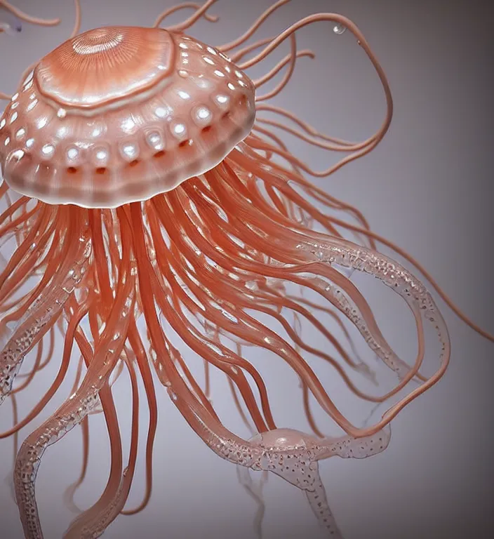Prompt: jellyfish , A Close up photo-real delicate ceramic porcelain sculpture of a symmetrical ornate detailed in front of an intricate background by Victo Ngai and takato yamamoto, micro detail, backlit lighting, face in focus, subsurface scattering, translucent, thin porcelain, octane renderer, colorful, physically based rendering, japanese pottery, trending on cgsociety
