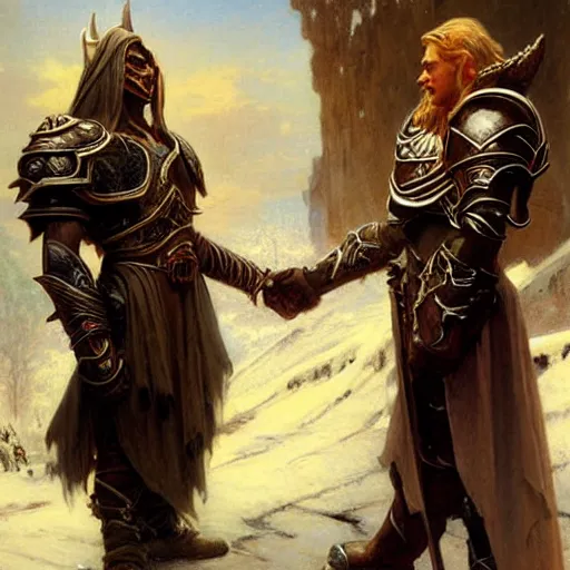 Prompt: attractive fully clothed arthas menethil confesses his love for his attractive fully clothed thrall son of durotan. highly detailed painting by gaston bussiere and j. c. leyendecker 8 k