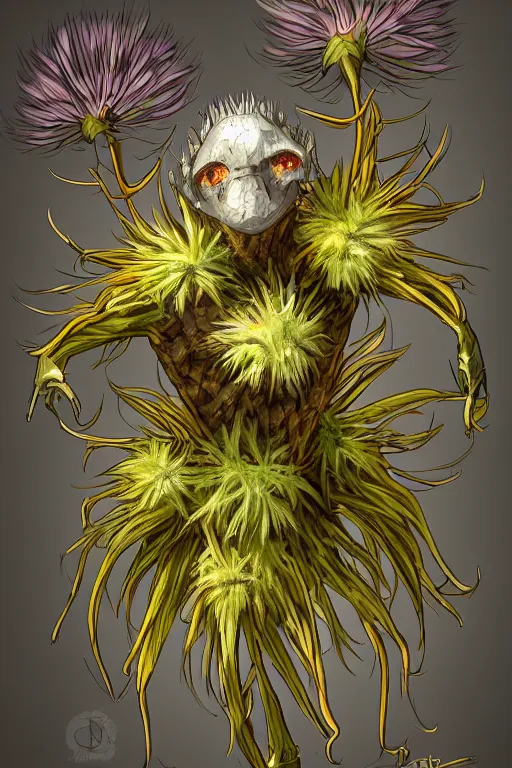 Image similar to a humanoid figure dandelion moss plant monster thistle armour, orange eyes, highly detailed, digital art, sharp focus, trending on art station, anime art style