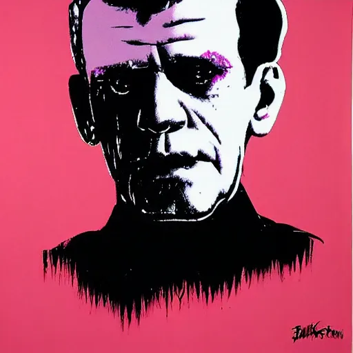 Image similar to boris karloff silk screen portrait by andy warhol, butcher billy style