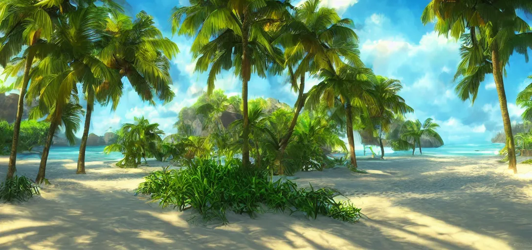 Prompt: beautiful tropical island beach, lush vegetation, white sand beach, tropic plants and flowers, clear water, dramatic lighting, cinematic, establishing shot, extremely high detail, foto realistic, cinematic lighting, post processed, concept art, artstation, thick oil painting, style by greg carter