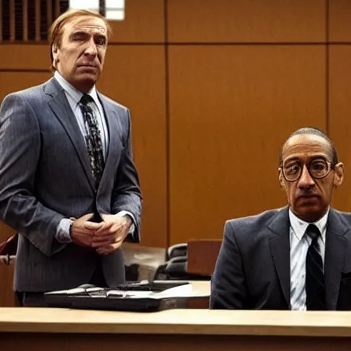 Prompt: saul goodman and gus fring sitting in a courtroom