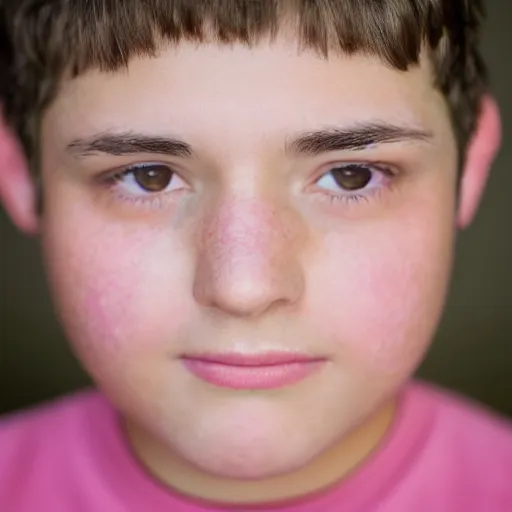 Image similar to closeup portrait of 9 year old boy, thick lips, pink face, thin eyebrows, short light brown hair