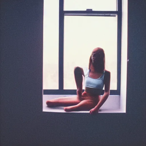 Prompt: girl in a crop top sitting on a window, cinestill 8 0 0 t