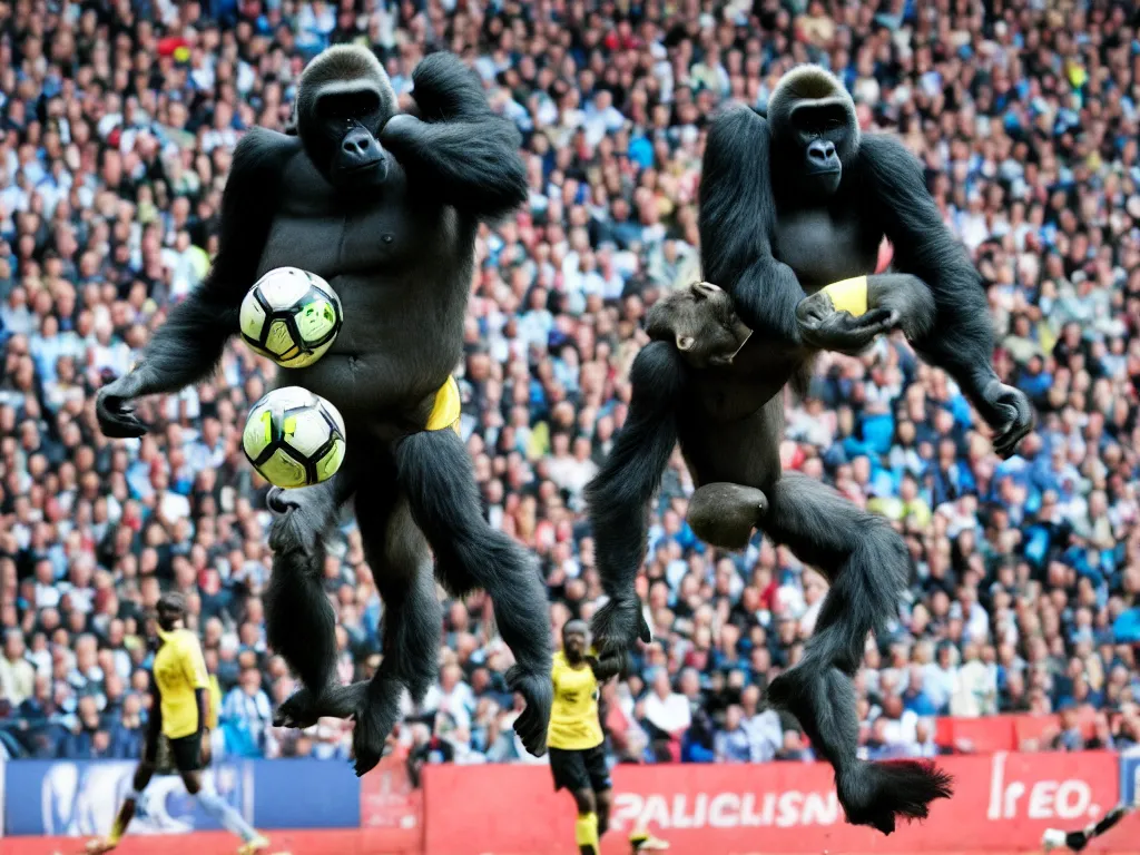 Image similar to a gorilla jumping to head the ball on a corner kick, vivid