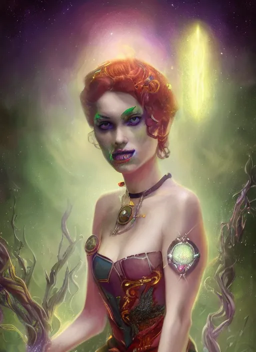 Image similar to tarot!!, pale, beautiful witch made of starlight and opals, jeweled choker, vivid colors, elegant, concept art, sharp focus, beautiful face!!, digital art, Hyper-realistic, 4K, Unreal Engine, Highly Detailed, Dramatic Lighting, Beautiful, by Brom, trending on Artstation, Tom Bagshaw, Sargent