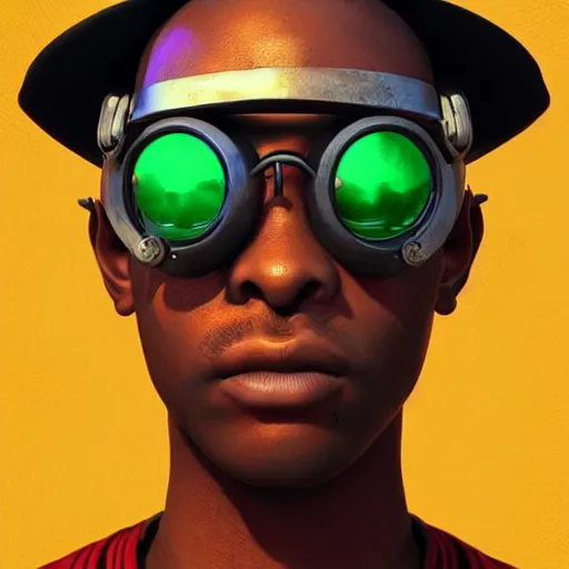 Prompt: colourful vfx upper half - portrait - art of a nigerian boy wearing steam punk goggles, art by utagawa kunisada & james jean, digital render, digital illustration, concept art, caricature, volumetric light, ray tracing, symmetrical, unreal engine, octane 3 d render, sharp, detailed, intricate detail, pinterest, behance, art station,