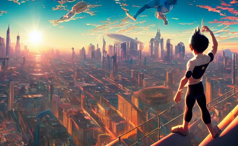 Prompt: Panoramic city view of the anime character Astroboy, golden hour sunlight, award winning painting, artstation, concept art, digital painting, Unreal Engine 5, 8K, art by artgerm and greg rutkowski and makoto shinkai and alphonse mucha and ross tran