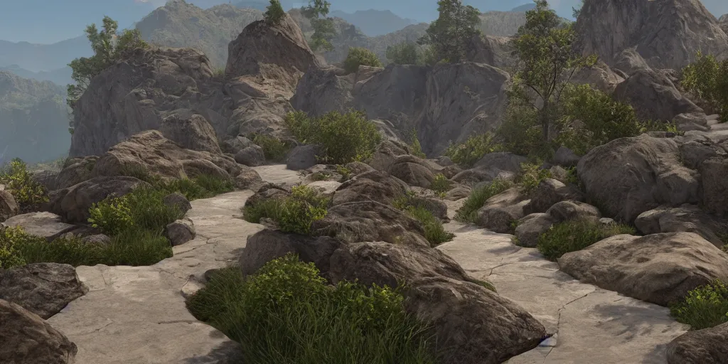 Image similar to pathway on both sides of the mountains, rocks unreal engine render