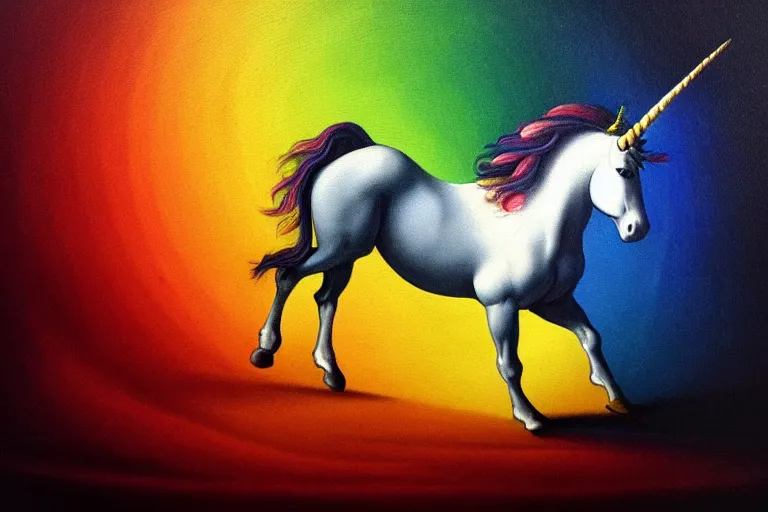 Image similar to detailed traditional painting of a unicorn walking on a rainbow, ((rainbow)) by Caravaggio, authentic, masterpiece, brush strokes, trending on artstation