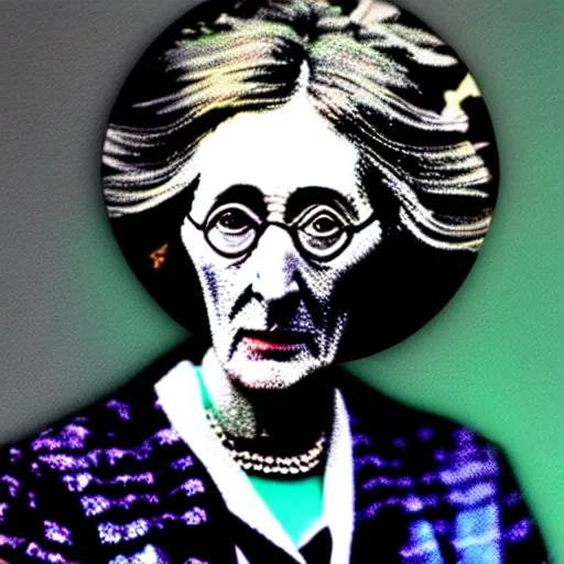 Image similar to Virginia Woolf dressed in PS4 merchandise designed by APC, colored photo, restored photo