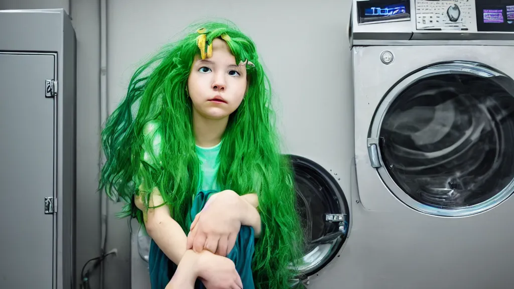 Prompt: a girl with green hair sitting on top of a washing machine in a laundromat in the style of Tsuguharu Fujita