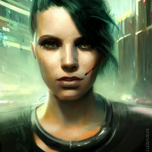 Image similar to molly millions, closeup portrait of a young beautiful cyberpunk woman, mirror eye implants, black hair in a rough shag, sunset, neuromancer, street samurai, cyberpunk city background, megacity, gorgeous view, depth, high detail, digital art, painted by greg rutkowski, painted by seb mckinnon, painted by jeremy mann, trending on artstation