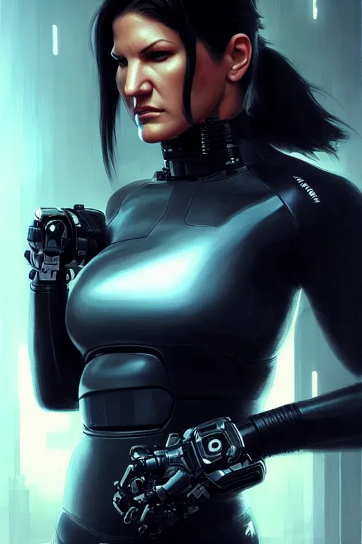 Image similar to gina carano with robotic left arm, casual black clothing, casual pose, large portrait, cyberpunk, digital painting, artstation, concept art, smooth, 8 k frostbite 3 engine, ultra detailed, art by artgerm and greg rutkowski and magali villeneuve