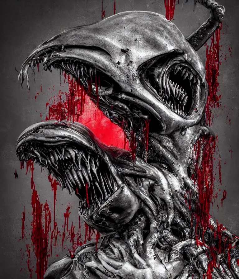 Prompt: very terrifying cenobite xenomorph demon splattered with blood, portrait showing entire scary head, neo-expressionistic, maximalist, horror monster masterpiece, trending on DeviantArt, 4K resolution, dark cinematic, hyperrealism, octane render, volumetric lighting, ultra-detailed, chiaroscuro, dark black background, in the style of Giger and Ralph Steadman and Da Vinci,