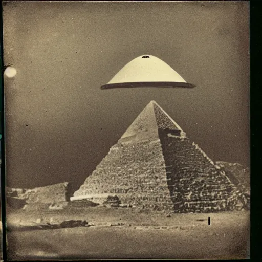 Prompt: tintype photo, ufo crashing into a pyramid