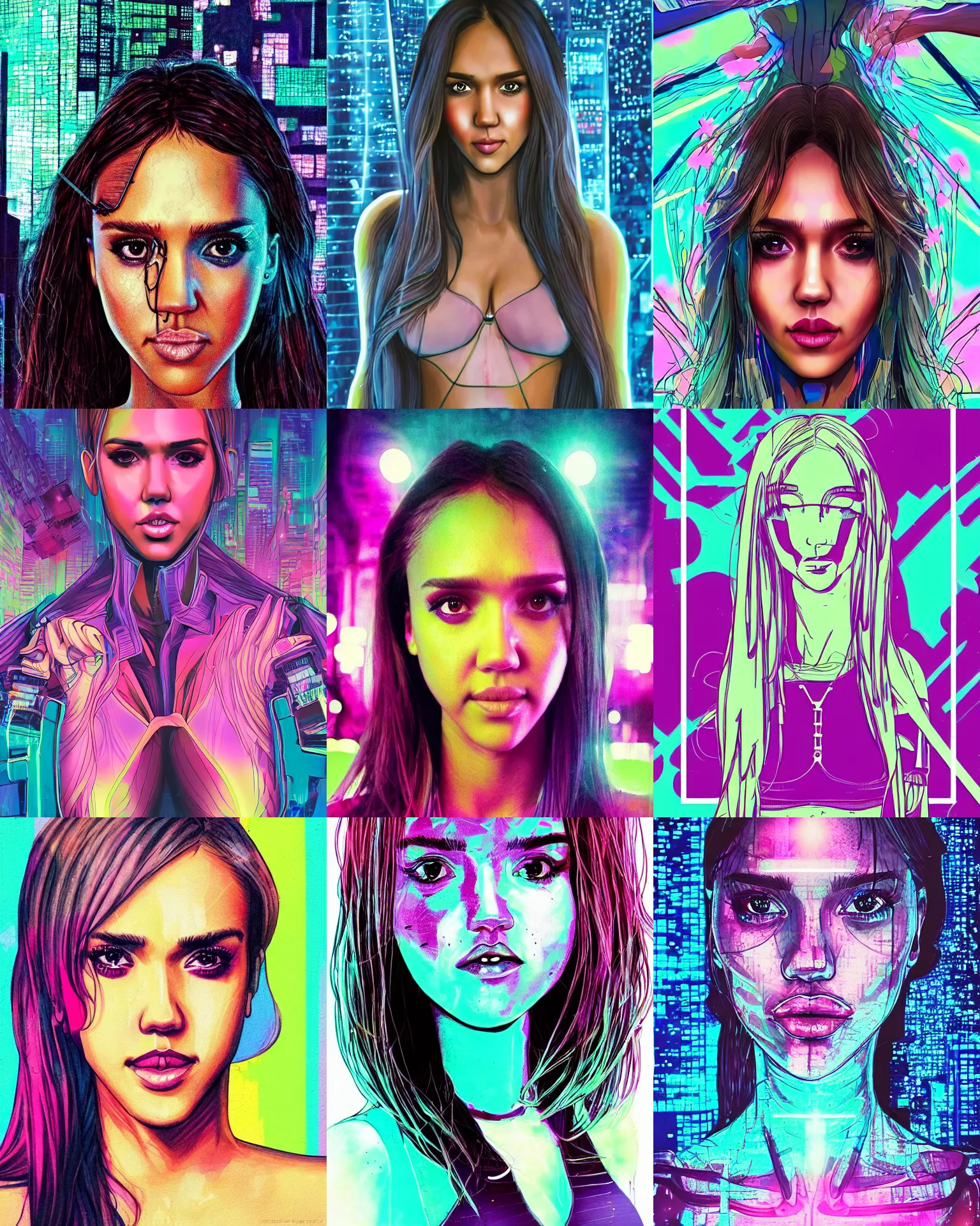 Prompt: ig body portrait of jessica alba cyborg young woman in an overgrown nyc times square, facing the camera, symmetrical, raver girl, pinterest, anime girl, cinematic, smooth, pastel color scheme, illustrated