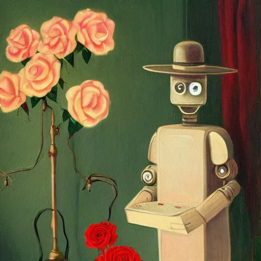 Image similar to a portrait of a robot wearing a hat full of roses, by Otto Eerelman
