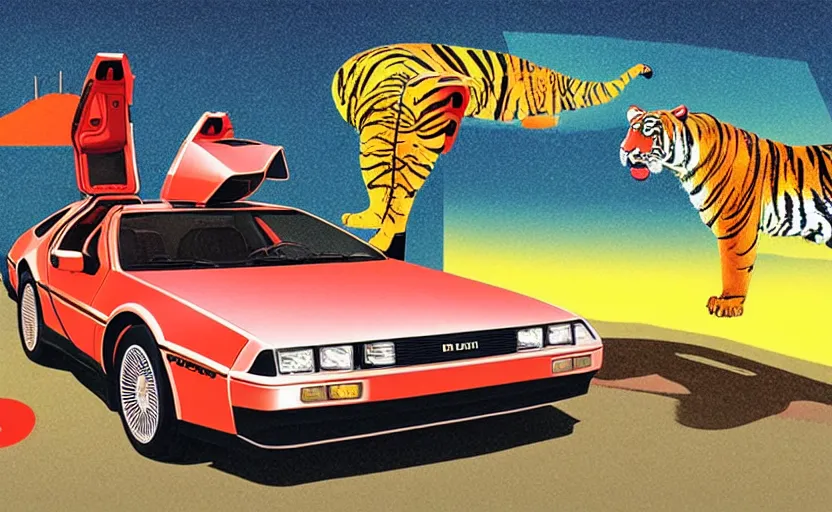 Image similar to a red delorean and a yellow tiger, painting by hsiao - ron cheng & utagawa kunisada, magazine collage style,