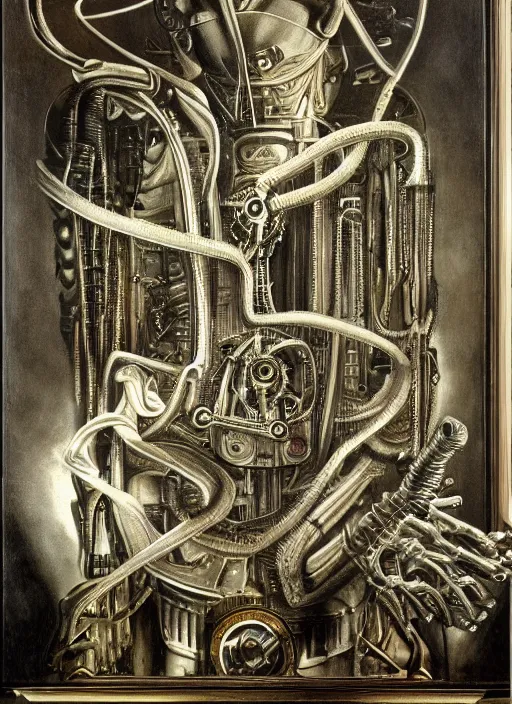 Image similar to a portrait of a mechanical president in the oval office, by h. r. giger, masterpiece, sharp focus, cinematic lightning